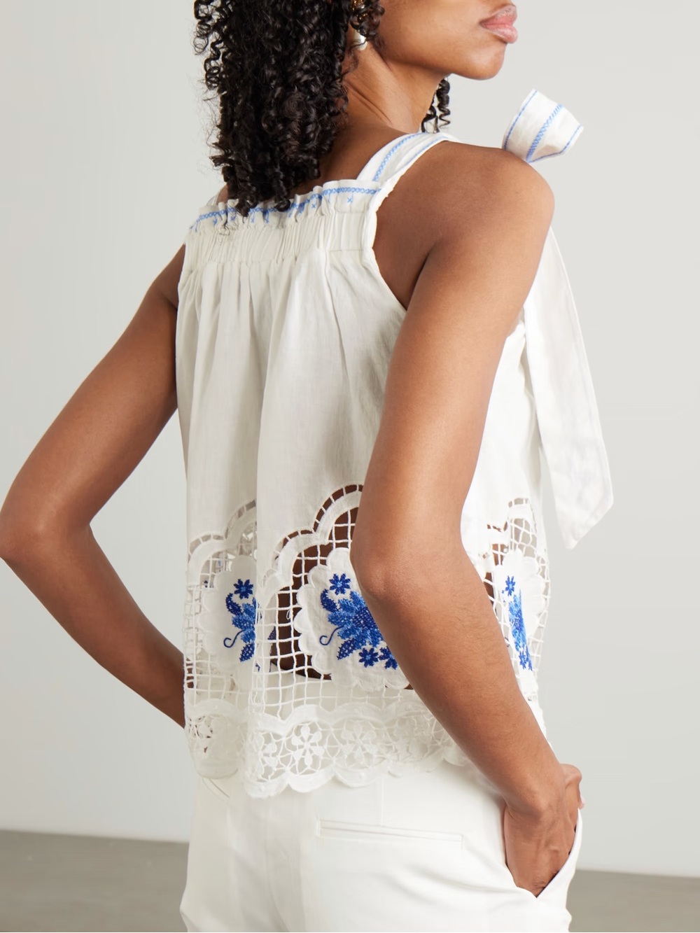 FARM Rio Daisy embroidered linen-blend gauze and lace top - Picture 4 of 12